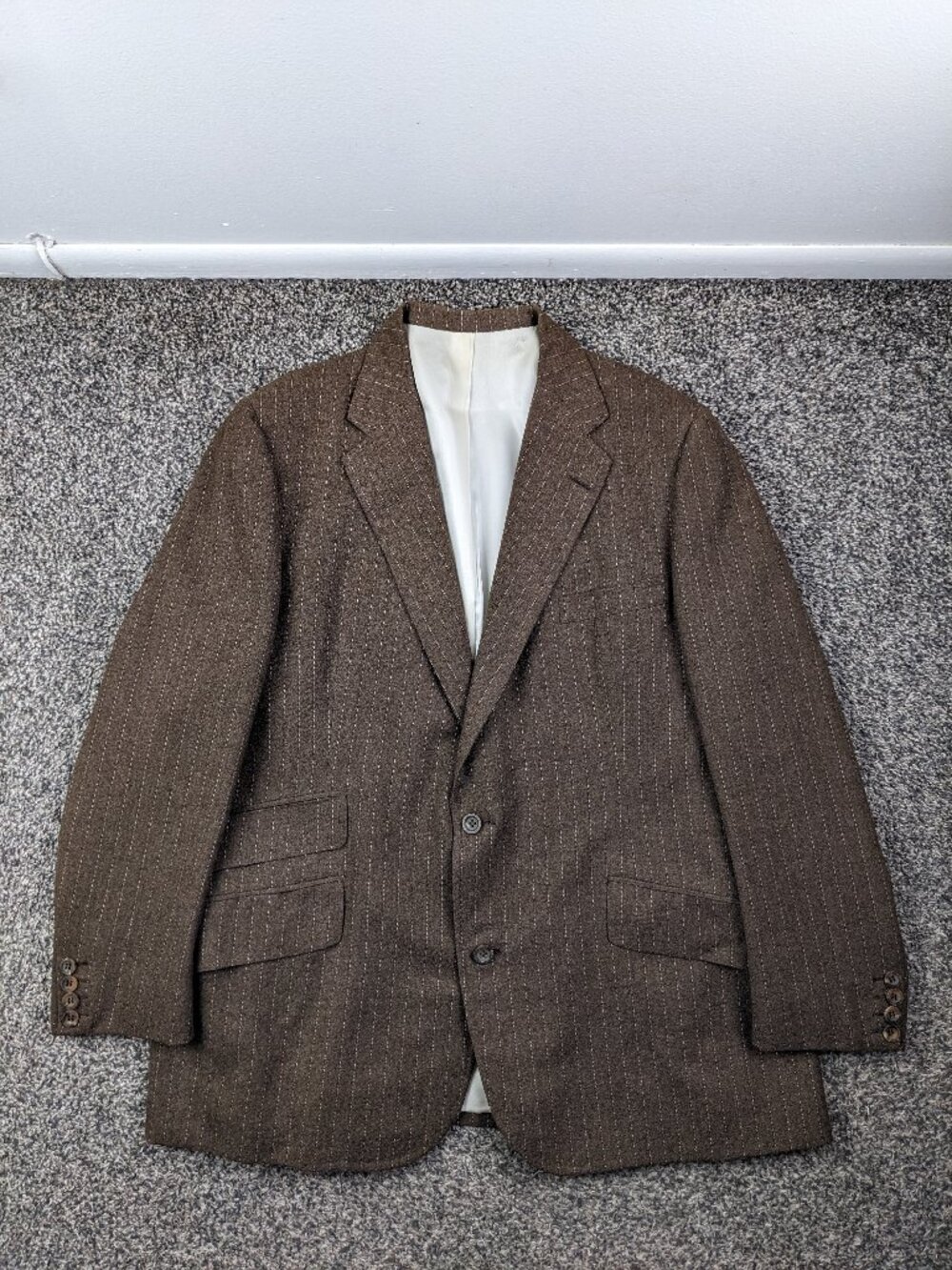 Vintage Turnbull & Asser 44R Flannel Wool Pinstripe Brown Suit Jacket *Flaw